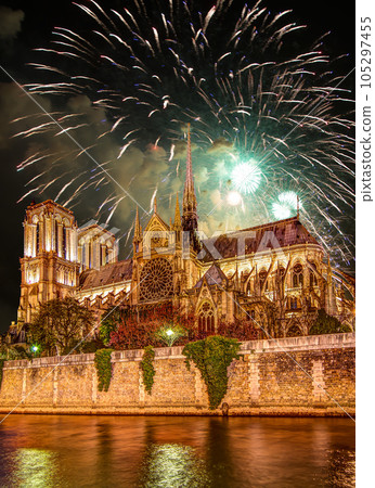 Celebratory fireworks over the Notre Dame de Paris, also known as Notre Dame Cathedral or simply Notre Dame, is a Gothic, Roman Catholic cathedral of Paris, France 105297455