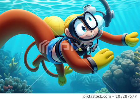 monkey scuba diver diving underwater cartoon...-插圖素材 [105297577] - PIXTA圖庫