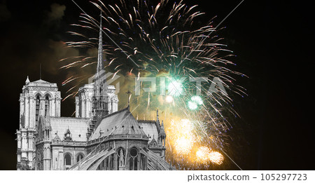 Celebratory fireworks over the Notre Dame de Paris, also known as Notre Dame Cathedral or simply Notre Dame, is a Gothic, Roman Catholic cathedral of Paris, France Celebratory fireworks over the Notre Dame de Paris, also known as Notre Dame Cathedral or simply Notre Dame, is a Gothic, Roman Catholic cathedral of Paris, France 105297723