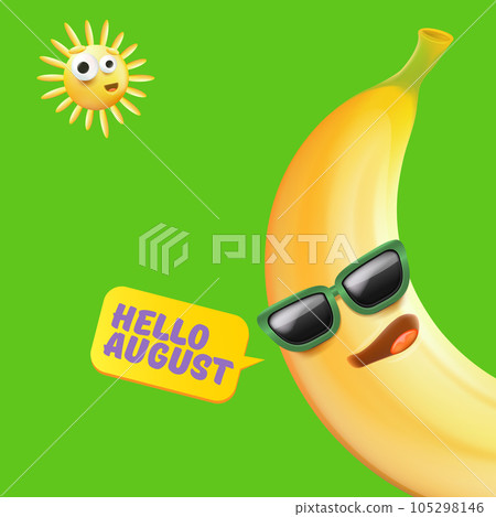 hello August square banner with cartoon sun and funky banana character isolated on summer green background. Vector 3d horizontal hello august scene, poster, flyer, banner and background 105298146