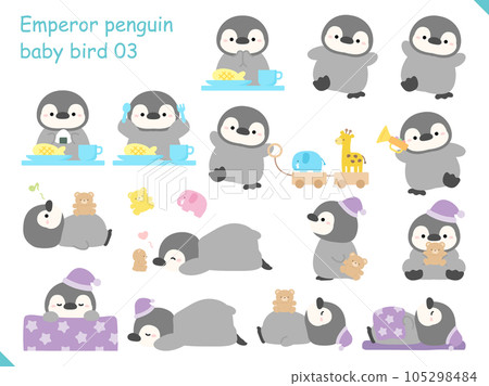 Penguin baby eating, sleeping and playing illustration material 105298484