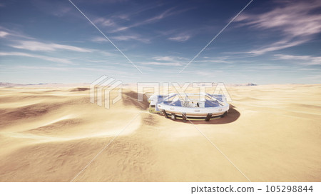 Giant round glass edifice amidst a sandy expanse 105298844