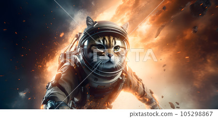 A cat in outer space in an astronaut suit. Explosion in the background. Generated by artificial intelligence. 105298867