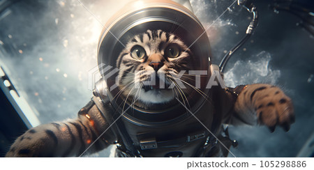A cat in outer space in an astronaut suit. Explosion in the background. Generated by artificial intelligence. 105298886