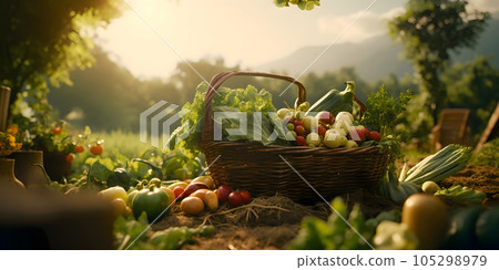 Basket of harvested vegetables.  Generated by artificial intelligence. 105298979