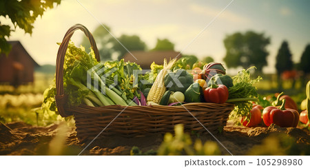 Basket of harvested vegetables.  Generated by artificial intelligence. 105298980