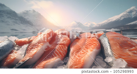 Fresh salmon fillet on ice. Generated by artificial intelligence. Fresh salmon fillet on ice. Generated by artificial intelligence. 105298993
