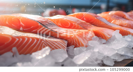 Fresh salmon fillet on ice. Generated by artificial intelligence. Fresh salmon fillet on ice. Generated by artificial intelligence. 105299000