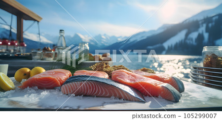 Fresh salmon fillet on ice. Generated by artificial intelligence. Fresh salmon fillet on ice. Generated by artificial intelligence. 105299007