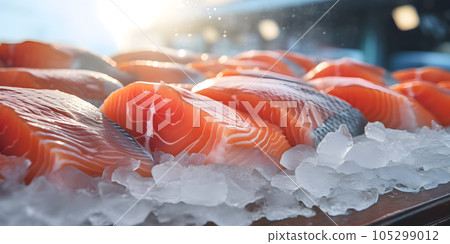Fresh salmon fillet on ice. Generated by artificial intelligence. Fresh salmon fillet on ice. Generated by artificial intelligence. 105299012