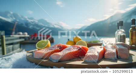 Fresh salmon fillet on ice. Generated by artificial intelligence. Fresh salmon fillet on ice. Generated by artificial intelligence. 105299013