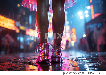 Closeup of legs in shoes, staying in neon puddles, heavy rain. Generative AI 105299315
