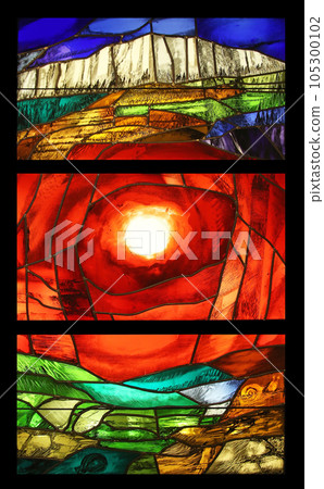 View the elements of life, detail of stained glass window by Sieger Koder in Benediktbeuern Abbey, Germany View the elements of life, detail of stained glass window by Sieger Koder in Benediktbeuern Abbey, Germany 105300102