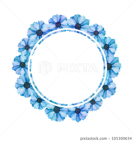Template for text with beautiful anemonen. Frame or border with blue flowers. Realistic high quality botanical illustration for romantic pretty wedding invitation, greeting card, cosmetic. Template for text with beautiful anemonen. Frame or border with blue flowers. Realistic high quality botanical illustration for romantic pretty wedding invitation, greeting card, cosmetic. 105300634