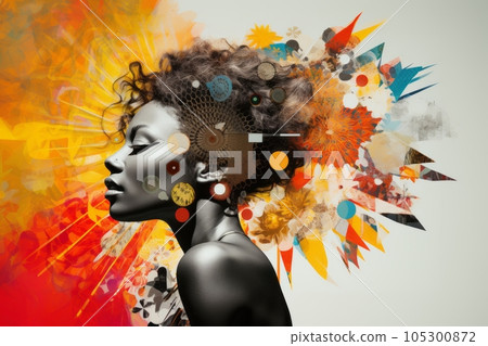 Art collage portrait of young beautiful African American woman on bright abstract background. Generative AI 105300872