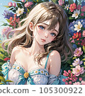 Young woman in white dress standing in front of flowers 105300922