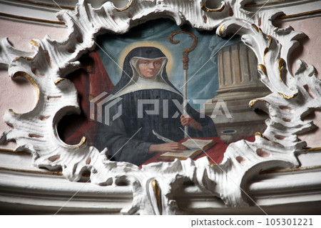 Saint, fresco painting in church of St. Agatha in Schmerlenbach, Germany Saint, fresco painting in church of St. Agatha in Schmerlenbach, Germany 105301221