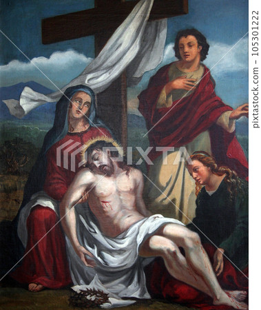 13th Stations of the Cross, Jesus' body is removed from the cross, church of St. Agatha in Schmerlenbach, Germany 13th Stations of the Cross, Jesus' body is removed from the cross, church of St. Agatha in Schmerlenbach, Germany 105301222
