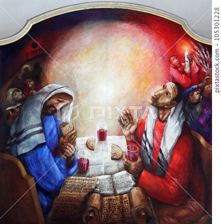 Supper at Emmaus, detail of high altar by Sieger Koder in Church of Our Lady of Sorrows in Rosenberg, Germany 105301228