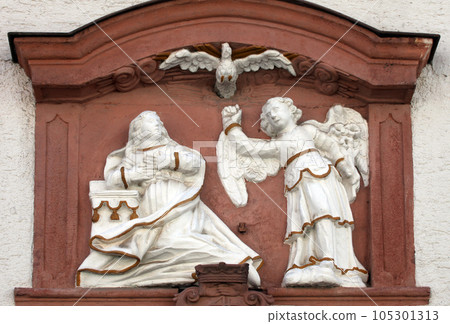 The Annunciation , bas relief on the main street of Miltenberg in Lower Franconia, Bavaria, Germany 105301313