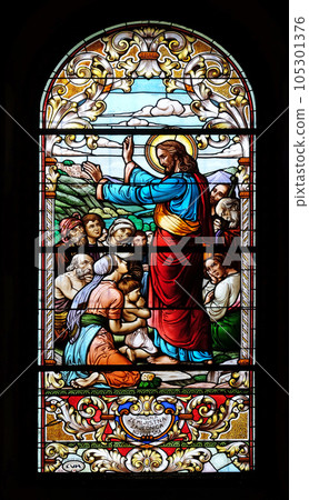 Sermon on the Mount, stained glass window in the Saint John the Baptist church in Zagreb, Croatia Sermon on the Mount, stained glass window in the Saint John the Baptist church in Zagreb, Croatia 105301376
