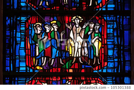 Stained glass window in the parish church of St. Stephen in Wasseralfingen, Germany Stained glass window in the parish church of St. Stephen in Wasseralfingen, Germany 105301388