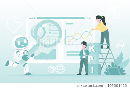 Artificial Intelligence (AI) technology concept. Collaboration between human and AI robot, management strategy, tactical plan, marketing report, solving problem. Flat vector design illustration. Artificial Intelligence (AI) technology concept. Collaboration between human and AI robot, management strategy, tactical plan, marketing report, solving problem. Flat vector design illustration. 105301413