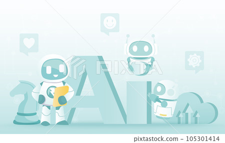 Artificial intelligence (AI) technology concept. AI character, tactical plan, thinking, working, management, improvement, development, solving problem. Flat vector design illustration. Artificial intelligence (AI) technology concept. AI character, tactical plan, thinking, working, management, improvement, development, solving problem. Flat vector design illustration. 105301414