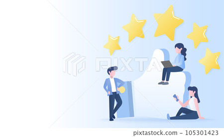 Customer satisfaction and give 5 star thumb up. Represent customer satisfaction, loyalty, survey, review, 5 star rating, positive thinking. Flat vector design illustration with copy space. Customer satisfaction and give 5 star thumb up. Represent customer satisfaction, loyalty, survey, review, 5 star rating, positive thinking. Flat vector design illustration with copy space. 105301423