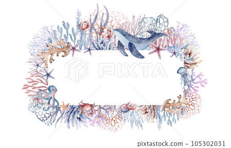 Frame with sea animals. Postcard frame with starfish, whales, crabs, jellyfish, corals, fish, turtles. Watercolor illustration, hand drawn style. Marine theme. Invitation templates Frame with sea animals. Postcard frame with starfish, whales, crabs, jellyfish, corals, fish, turtles. Watercolor illustration, hand drawn style. Marine theme. Invitation templates 105302031