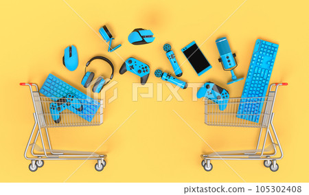 Lying gamer gears like mouse, keyboard, joystick, headset, VR Headset in shopping carts on yellow background. 3d render concept of sale, shopping and delivery of accessories for live streaming 105302408