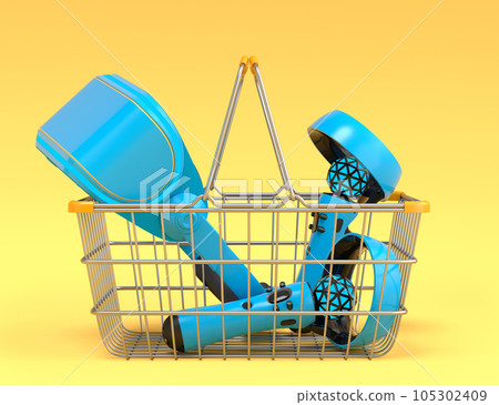 Virtual reality glasses and controllers for online and cloud gaming in metal wire basket on yellow background. 3D render concept of shopping and delivery of device for virtual design and gaming in VR 105302409