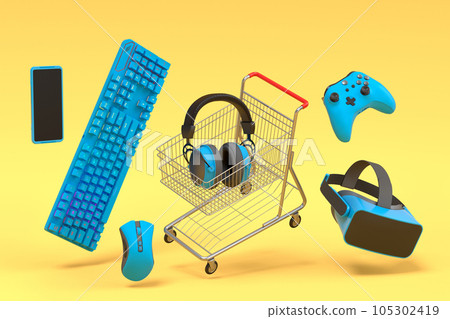 Gamer gears like mouse, keyboard, joystick, headset, VR Headset and shopping carts on yellow background. 3d render concept of sale, discount, shopping and delivery of accessories for live streaming Gamer gears like mouse, keyboard, joystick, headset, VR Headset and shopping carts on yellow background. 3d render concept of sale, discount, shopping and delivery of accessories for live streaming 105302419