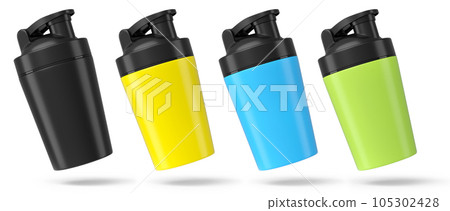 Set of plastic sport shaker for protein drink isolated on white background. 3D render of sport food cocktail container Set of plastic sport shaker for protein drink isolated on white background. 3D render of sport food cocktail container 105302428