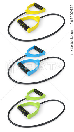 Set of hand expanders or resistance band with rubber handle isolated on white background. 3d rendering of sport equipment for fitness, trx and powerlifting 105302433