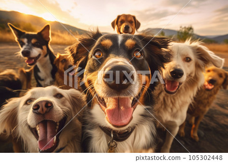 A group of dogs taking a selfie on a blurred background. Generative AI 105302448
