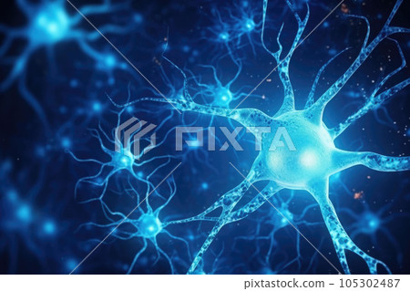 Nerve cell in blue colors. System neuron of brain with synapses. Generative AI Nerve cell in blue colors. System neuron of brain with synapses. Generative AI 105302487