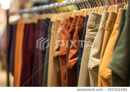 Trousers on hangers in a clothing store. Pants store, new clothes during shopping. Generative AI 105302488