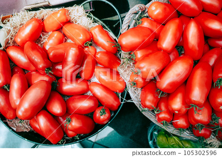 Plum tomatoes sold on an open-air green market Plum tomatoes sold on an open-air green market 105302596