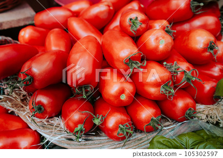 Plum tomatoes sold on an open-air green market Plum tomatoes sold on an open-air green market 105302597