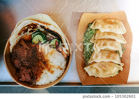 Gyoza and rice bowl street food 105302601