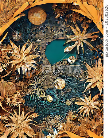 Vibrant jungle fruits flowers gold realistic duotone. 105302626