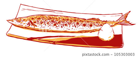 Salt-grilled saury fish served on a glazed square plate with grated daikon radish, painted with a brush and painted in two colors 105303003