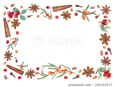 Rectangular frame of cowberries, cinnamon, star anise, sea buckthorn, cloves. Watercolor illustration isolated on white background. For postcard design, invitation, greeting. Space for text. 105303017