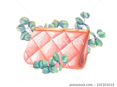 Watercolor composition of small female handbag with graceful eucalyptus branches around the clutch. Illustration for your design. Party concept. Leather bag for parties, weddings, visits 105303018