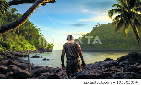 a castaway on a deserted, uninhabited island, made with Generative AI 105303074