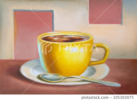 Warm coffee in a yellow mug 105303075