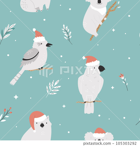 Christmas seamless pattern with Australian animals in Santa hats 105303292