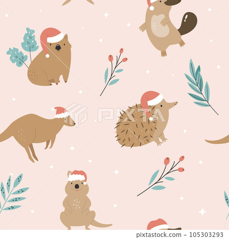 Christmas seamless pattern with Australian animals in Santa hats 105303293