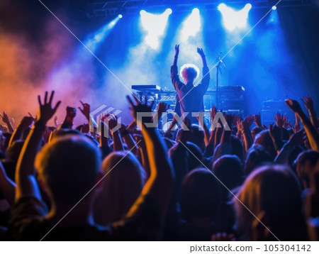 Generative AI image of back view of anonymous male fan with unrecognizable audience looking away while standing above rest showing open hands and encouraging artists in live concert near stage Generative AI image of back view of anonymous male fan with unrecognizable audience looking away while standing above rest showing open hands and encouraging artists in live concert near stage 105304142